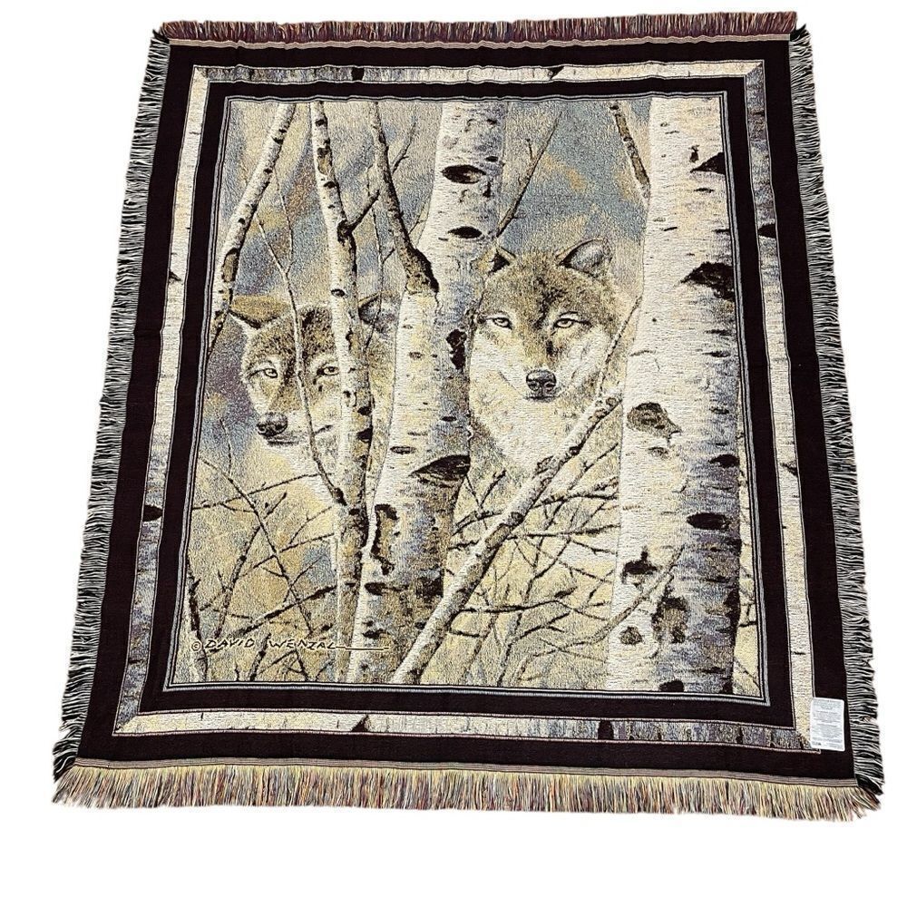 NWOT Mohawk Fleeting Glimpse Wolf In Birch Trees Tapestry Throw by David Wendell